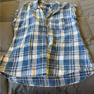 Blue and Beige Plaid Sleeveless Shirt